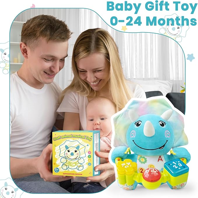 Baby Dino Musical Stuffed Animals Toy with Light-Up Music & Crinkle Sound Paper,Infant Bilingual Early Learning Education Toys,Tummy Time Toys for 0-3-6-12+ Months Boy Girl