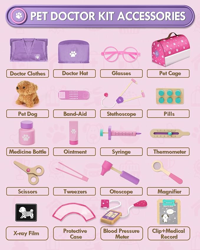 Lehoo Castle Toys for 3 4 Years Old Girls, Vet Play Sets, Wooden Doctor Kit for Toddlers 3-5 Pink, Pretend Play Dr Kits with Puppy, Dog Bag, Medical Accessories