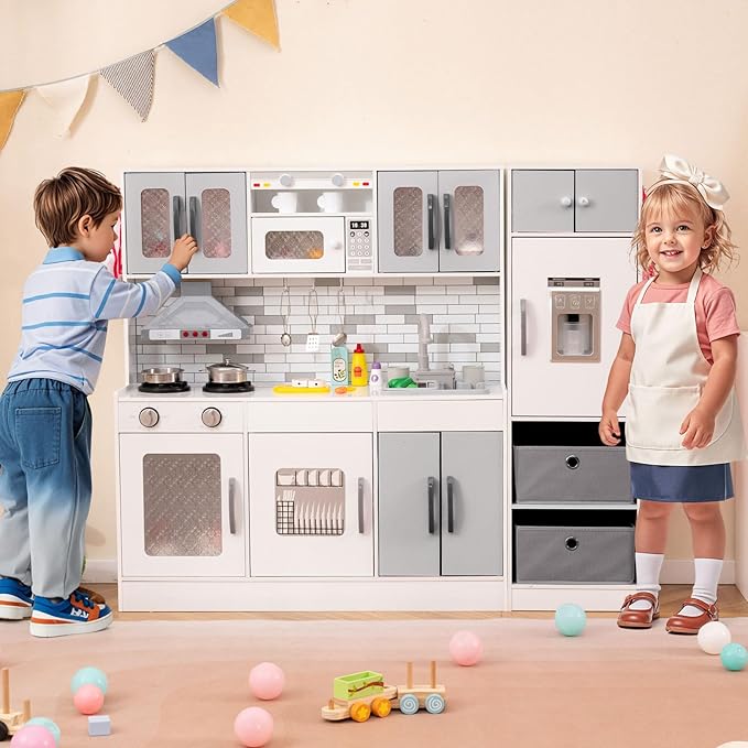 HONEY JOY Kids Kitchen Playset, 2-Piece Modular Toy Kitchen Set with Lights, Refrigerator & Ice Maker, Cookware, Storage Cabinet, Water Circulation, Large Wooden Play Kitchen for Toddlers (Gray)