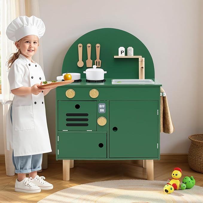 Costzon Kids Kitchen Playset, Little Chef Pretend Play Kitchen w/Stoves, Faucet, Sink, Microwave, Cabinet, Oven & Cooking Accessories, Wooden Play Kitchen for Kids 3+ Years Old (Green)