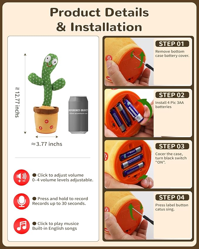 Dancing Talking Cactus Toy, Baby Gifts for Boys Girls. Volume Adjustable Cactus Baby Toy Mimicking, Recording & Singing English Songs, Fun Baby Toys & Cute Stocking Stuffers Gifts for Kids