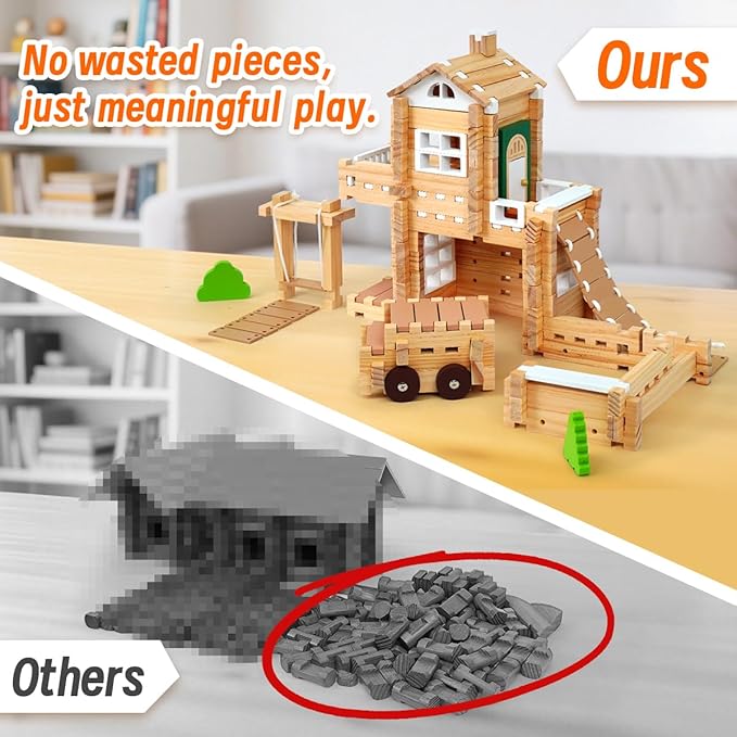Jovi-mindly&Notchies 107 Pcs Wooden Blocks Toys with Door and Windows,Classic Old Fashioned Toys,Wooden Building Blocks for Kids Ages 4-8 Boys and Girls, (No Printed Manual)