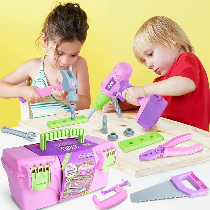 Kids Tool Set with Electric Toy Drill Hammer Tool Box for Girls, Pink Toddler Tool Set Kids Power Construction Pretend Play Tools Kit for 3 4 5 6 7 8 Year Old Toddlers Girl Boys Toys