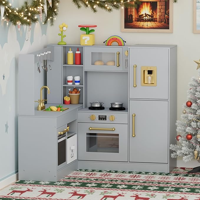 MAMIZO Corner Play Kitchen for Kids, Wooden Pretend Toy Kitchen, Large Toodler Cooking Playset w/Refrigerator, Stove w/Light & Sound, Disinfection Locker, Water Dispenser, Sink, Home Modern (Gray)