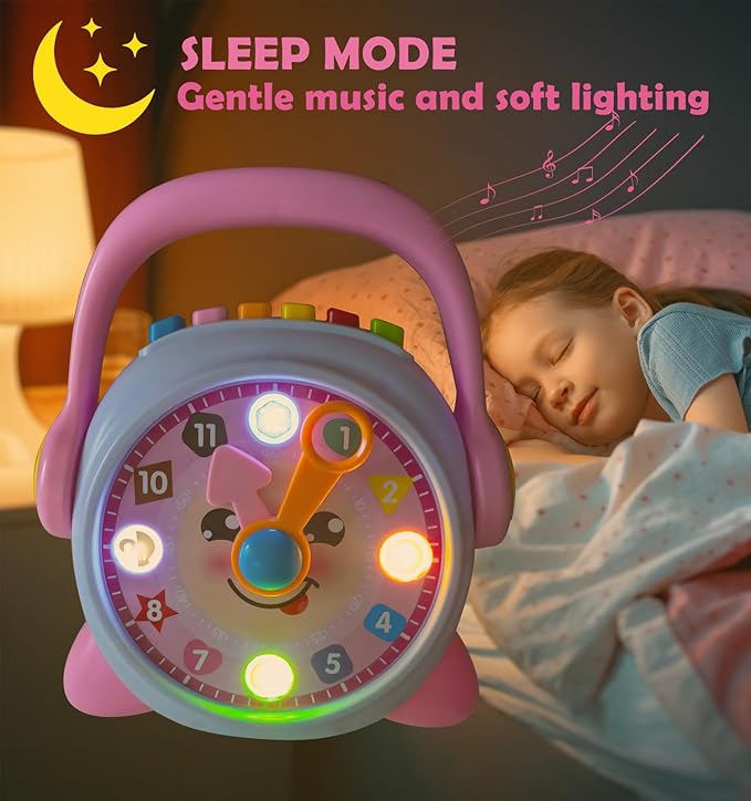 Learning Clock, Learn to Tell Time Clock for Kids & Toddlers Ages 3, 4, 5, 6 Years Old, Educational Teaching Clock Toy with Quiz and Music Sleep Mode, Boy Girl Birthday Present (Pink)