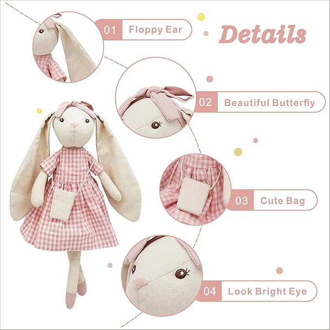 15" Bunny Stuffed Animal for Girls, Plush Toy Doll -Wearing Pink Plaid Dress,Cute Doll Set Dress Up for 3 4 5 Year Old Girl - Gift for Little Girl, Birthday, Easter,Christmas…