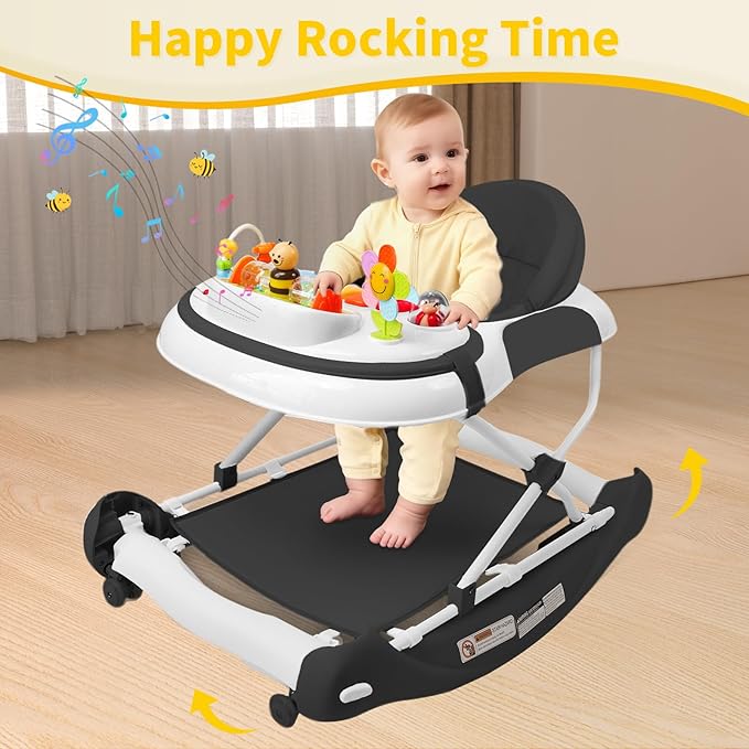 5 in 1 Baby Walker, Music and Lights Walker for Baby Boy Girls 6-12 Months, Foldable Baby Walkers with Wheels and Bouncer Combo Portable, Toddler Infant Walker with Adjustable Height