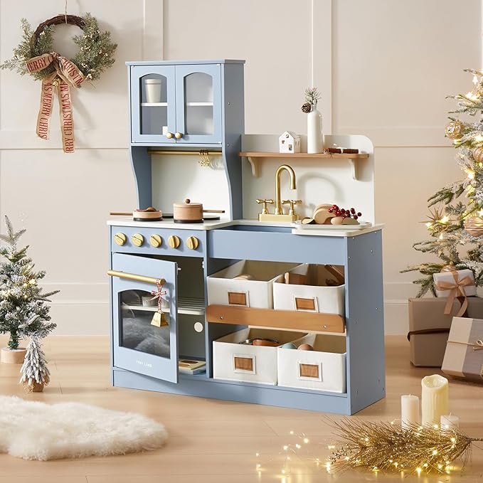 Tiny Land Play Kitchen for Kids with Enhanced Storage – Modern Toddler Kitchen Playset with Stove, Sink & Accessories, Organized Wooden Toy Kitchen, Ideal for Toddlers