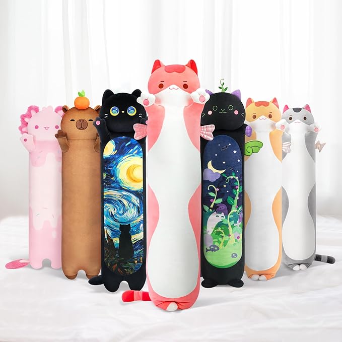 Mewaii Long Cat Plush 5 Sizes, 120% Extra Filling Giant Plushness Kids Body Pillow, Kawaii Cute Pink Cat Stuffed Animals Plushies, Big Long Body Pillow Cat Plush Gift for Girls 28”