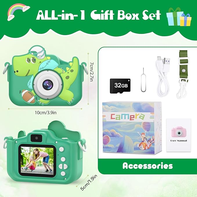 Kids Camera Toys for Kids, Digital Camera for Kids Age 3-8 Toddler Travel Dinosaur Toys, Christmas Birthday Gift for Boys Girls 3 4 5 6 7 8 Year Old, HD 1080P Video Camera, 32G SD Card(Green)