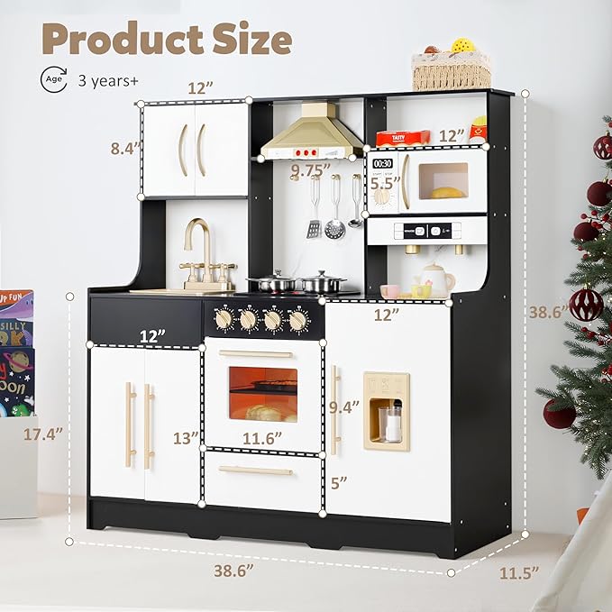 Kids Kitchen Playset, Wooden Play Kitchen with Toy Storage System, Pretend Play Kitchen Set Toy with Range Hood, Ice Maker & Coffee Maker, for Kids Ages 3+, Black
