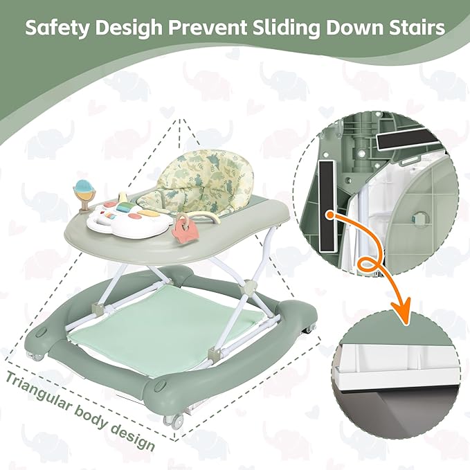 Foldable Baby 5-in-1 Activity Walker - Rocker, Activity Center, Bouncer, Seat Walker, Push Walker - Adjustable Speed Rear Wheels and Height Toys Ages 6-18 Months… (Light Green)