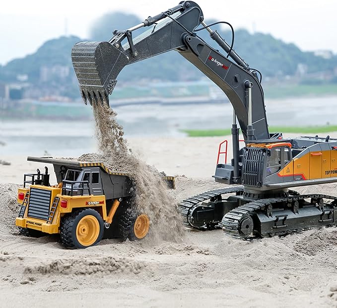 kolegend Remote Control Excavator Toy 1/14 Scale RC Excavator, 22 Channel Upgrade Full Functional Construction Vehicles Rechargeable RC Truck with Metal Shovel and Lights Sounds