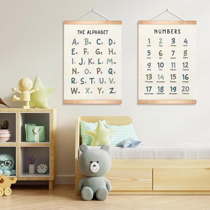 Kids Alphabet and Numbers Learning Posters Set of 2,18.5x14 Inch Linen&Canvas Educational Wall Art with Wood Hanger, ABC 123 Chart for Toddlers Classroom Nursery Playroom Decor (Colored Font)