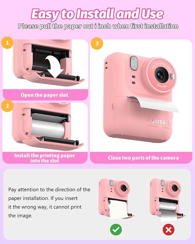 Kids Camera Instant Print Photo, Portable Thermal Printing Camera Toy with HD Digital Video, for 3-12 Years Old Boys Girls, Creativity & Learning (Pink)