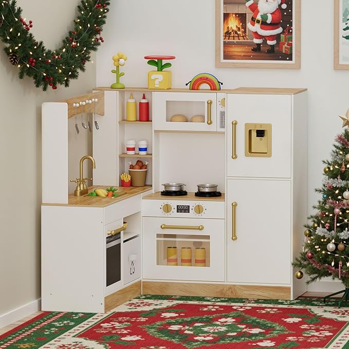 MAMIZO Corner Play Kitchen for Kids, Wooden Pretend Toy Kitchen, Large Toodler Cooking Playset w/Refrigerator, Stove w/Light & Sound, Disinfection Locker, Water Dispenser, Sink, Home Modern Ages 3+