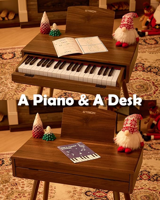 STRICH 37 Keys Kids Piano Keyboard Set, Mini Digital Piano for Kids With Stand Chair, Drawer Design Wood Piano for 3+ Girls and Boys, Walnut Color, SEK-50