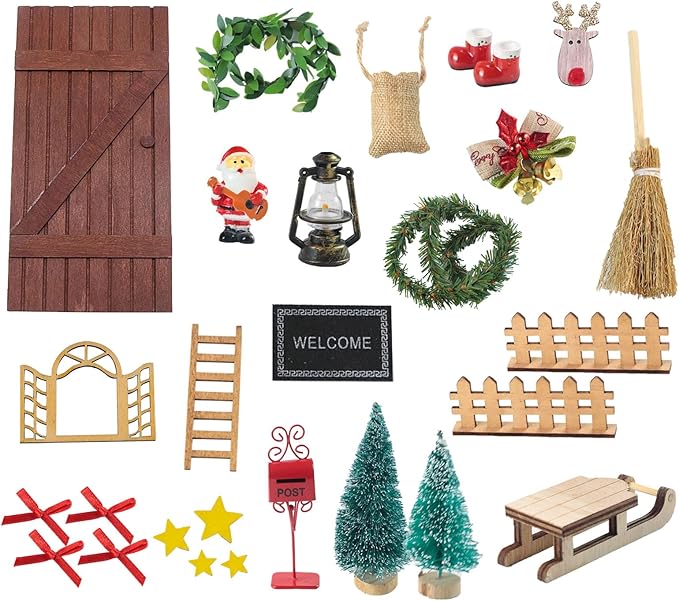 28Pcs Christmas Fairy Door Decorations, Mini Wooden Enchanted Doors, DIY Dollhouse Accessories for Decoration, Tiny Outdoor Decor for Girls Boys Xmas Accessories Fairy Tale