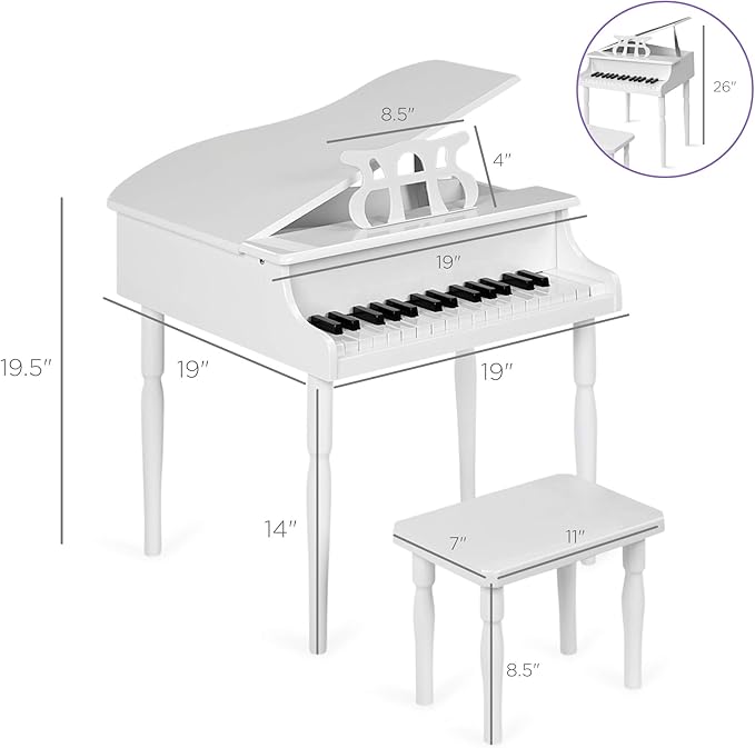 Best Choice Products Kids Classic Wooden 30-Key Mini Grand Piano Musical Instrument Toy w/ Piano Lid, Bench, Foldable Music Rack, Song Book, Note Stickers, Enamel Finish - White