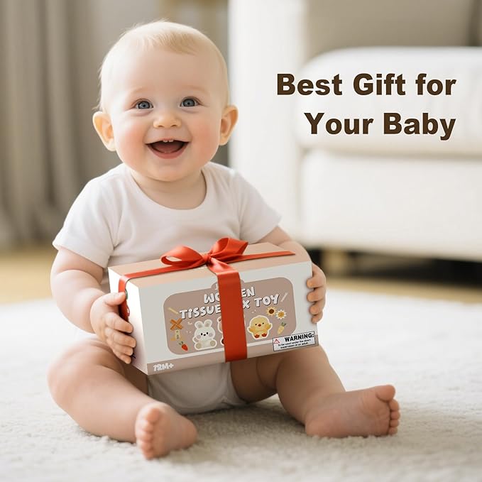 Joyreal 8-in-1 Montessori Tissue Box Toy for Baby 12 Months - Neutral Color Wooden Activity Cube for Boys and Girls First Birthday Gifts - Sensory Toy for Toddlers 1-3 Preschool Learning Education