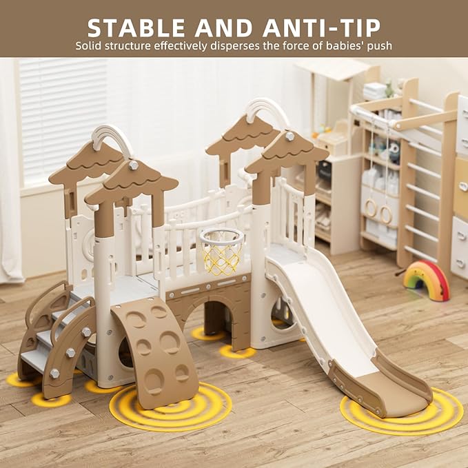 XJD 9 in 1 Toddler Slide, Jungle Slide with Basketball Hoop, Tunnel and Storage Space, Outdoor Indoor for Toddlers Age 1+,Tree House Design Toddlers Outdoor Indoor Playground (Brown)