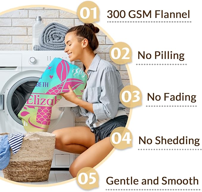 Girls Blankets, Custom with Name Mermaid Throws Gifts for Kids Teens Women, Personalized Soft Comfy Monogram Flannel Fleece Blanket for Bed Couch Sofa Home Decor, Mermaid Stuff Themed Gifts