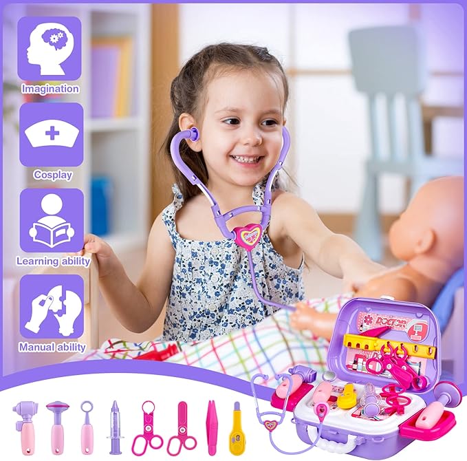 GIFTINBOX Kids Doctor Kit for Girls and Boys , Purple Doctors kit for Kids 22 Pieces Pretend Play Medical Toys Set with Roleplay Doctor Costume and Carry Bag for Little Girls-B