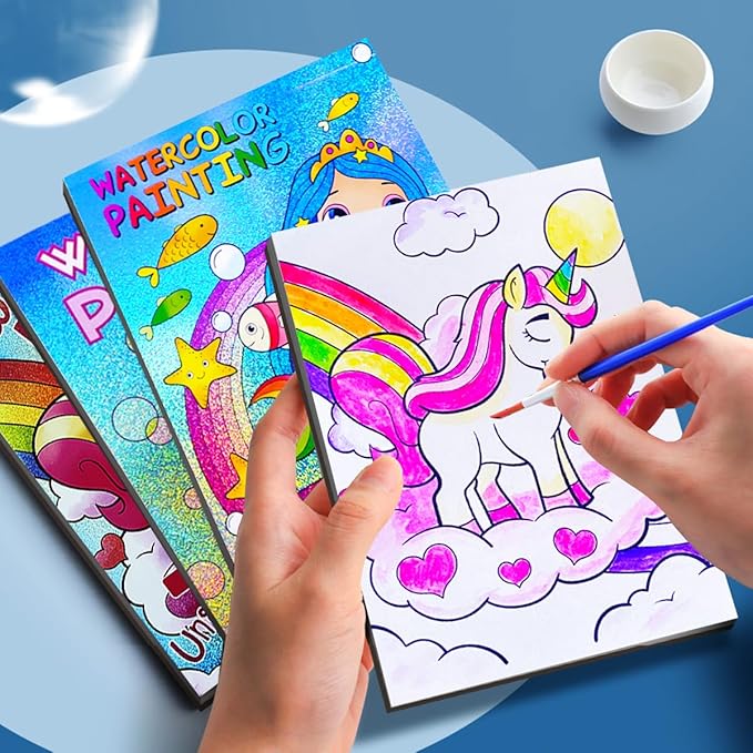 JUNQIU Water Color Paint Sets for Kids, Watercolor Painting Coloring Books for Toddlers, Paint with Water Books for Kids Ages 4-8, Art Craft Kits for Girls Boys Drawing with Brush