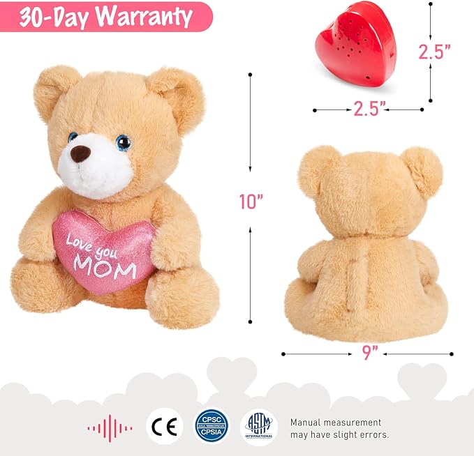 10" Recordable Heartbeat Bear Stuffed Animals Love You Mom with Voice Sweet Messages Recorder Soft Plush Toy Playback Your Words Gifts for Mother's Day Mom
