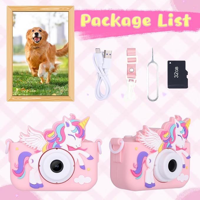 Unicorn Toys Camera for Kids Girls Age 3-8, Toddler Kids Digital Camera Christmas Birthday Gifts for 3 4 5 6 7 8 Years Old Girl, Cute Selfie Video Camera, HD 1080P, 32GB SD Card Included, Pink