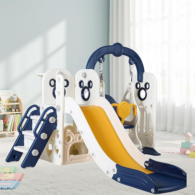 Arlopu 7 in 1 Toddler Slide and Swing Set, Kids Climber Playset with Ball & Hoop, Telescope, Suction Cup Reinforced Base, Baby Indoor Outdoor Playground (Dark Blue)