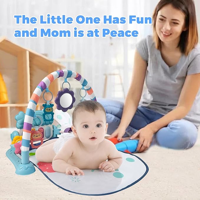 Baby Tummy Time Play Mat, Kick and Play Piano with Music and Light, Activity Gym Center for Newborn Babies Infants Boys Girls 0-3-6-9-12 Months (Blue)