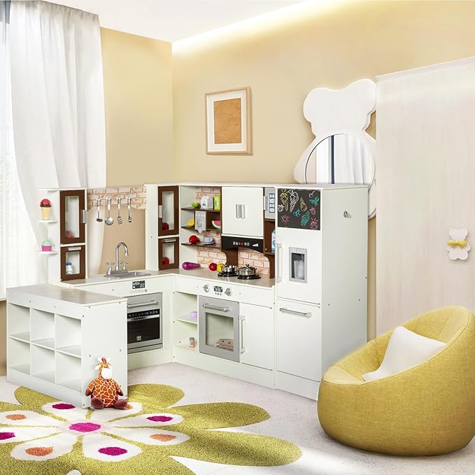 3-Piece Kids Kitchen Playset, Walk-in Wooden Play Kitchen Set for Toddlers, Modular Pretend Play Kitchen w/Light&Sound, Large Corner Kitchen Cooking Toy w/Coffee Capsule, Gift for Girls Boys