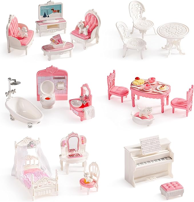 ROBOTIME 26PCS Dollhouse Furniture Set for Kids – Realistic Dollhouse Accessories with 5 Rooms: Living Room, Bedroom, Bathroom, Dining Room & Balcony, for Girls & Boys Ages 3+