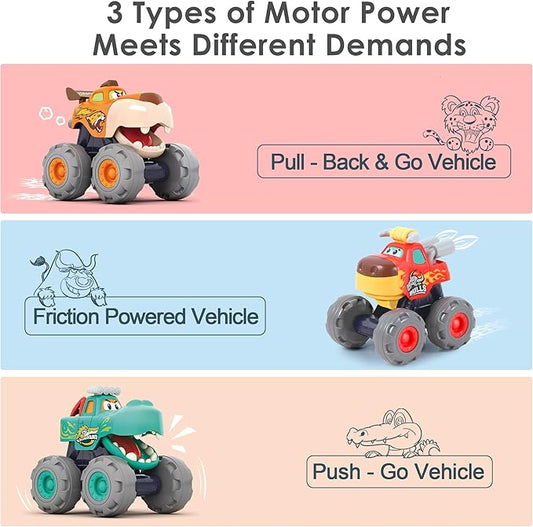 iPlay, iLearn Toddler Monster Truck Toy, Baby Pull Back Toy Car 1 2 3 Year Old Boy, Push Go Animal Cars, Friction BigWheels Play Vehicles, Cool Birthday Stocking Gifts for 12 18 24 Month Kids Girls