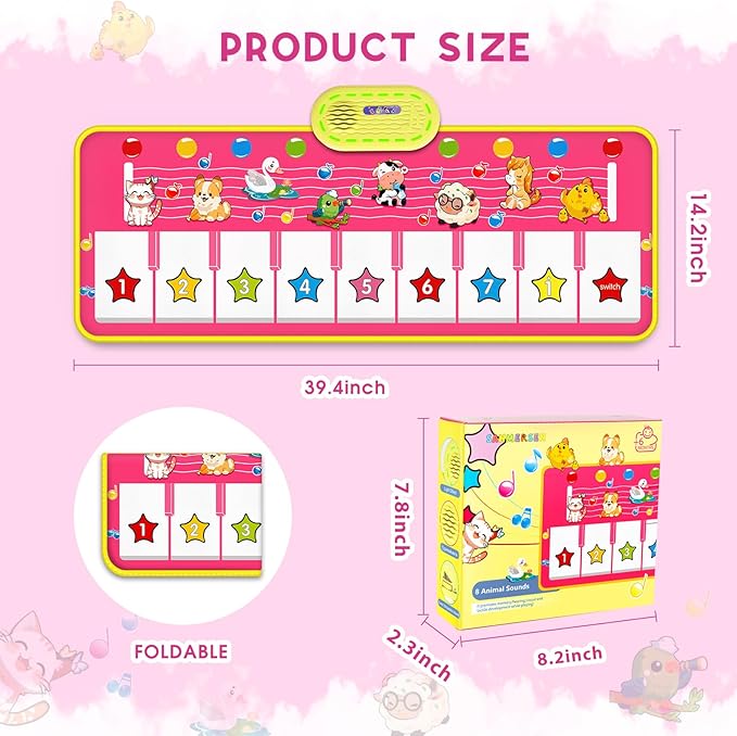 Floor Piano Mat for Toddlers, M SANMERSEN Kids Sensory Educational Dancing Keyboard Musical Mat, Animal Touch Play mat, Toddler Toys for 1 2 3 Year Old Girl Gifts