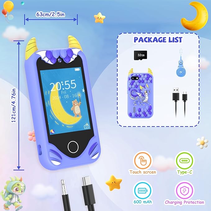 Kids Smart Phone for Boys Gifts - Toddler Christmas Birthday Gift for Age 3 4 5 6 Year Old, Kids Cell Phone Toy with Touchscreen, Dual Cameras, Learning, Music Player, Games with 32 GB Card