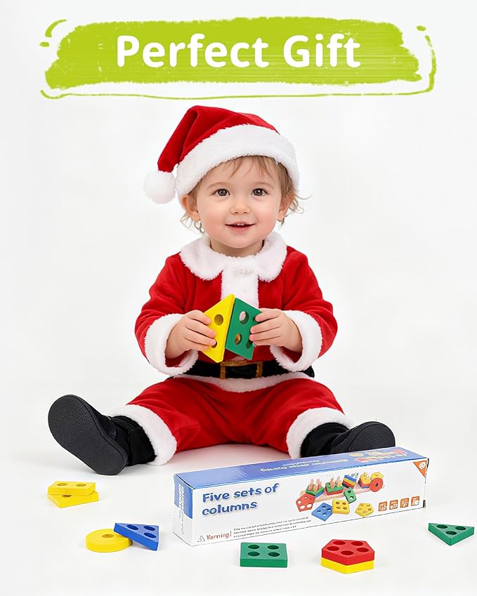 Montessori Toys for 1 2 3 Year Old, Wooden Stacking & Sorting Toy with Geometric Shapes, Educational Learning Toys and Birthday Gifts for Toddlers Boys Girls 1-3