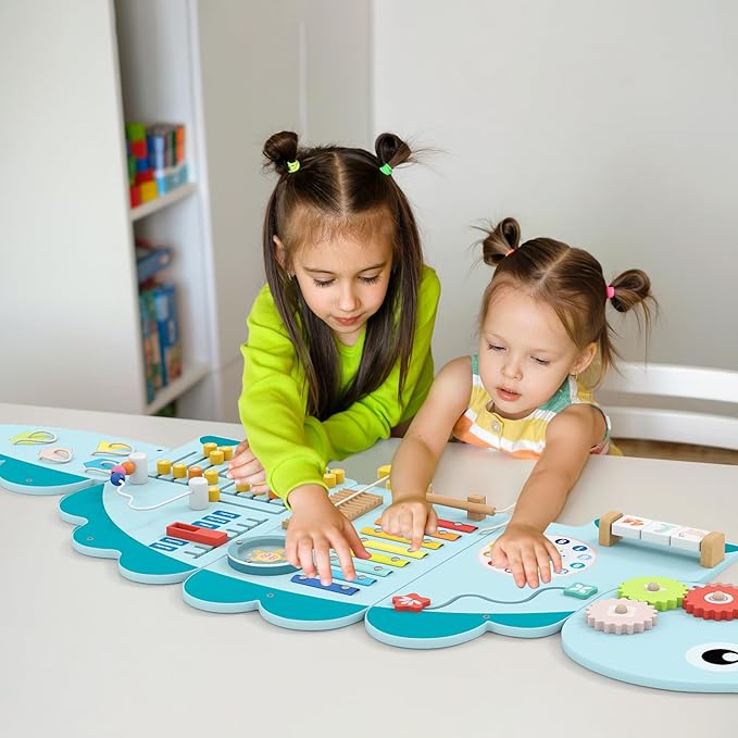 GLACER Dinosaur Wall Busy Board Panels, 11-in-1 Wooden Learning Activity Center for Early Education, Wall-Mounted Montessori Sensory Toddler Toys for Playroom, Daycare, Nursery (Blue)