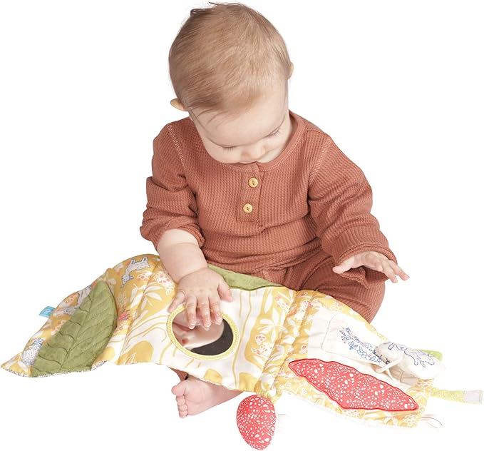 Manhattan Toy Deer One Soft Activity Crinkle Book & Fold Out Pat Mat for Baby, Toddler with Squeaker, Discovery Mirror and Teether