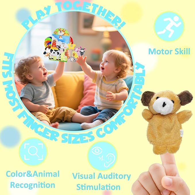 Farm Crinkle Books for Babies with 10 Finger Puppets Set, Touch and Feel Cloth Soft Farm Animal Tail Baby Books 0-6 Months with Teething Toy, Infant Toys 6-12 Months, Baby Christmas Shower Gifts