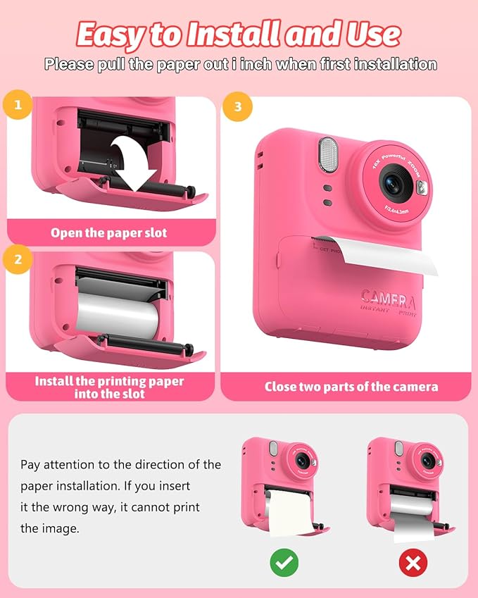 Kids Camera Instant Print Photo, Portable Thermal Printing Camera Toy with HD Digital Video, for 3-12 Years Old Boys Girls, Creativity & Learning (Rose Red)