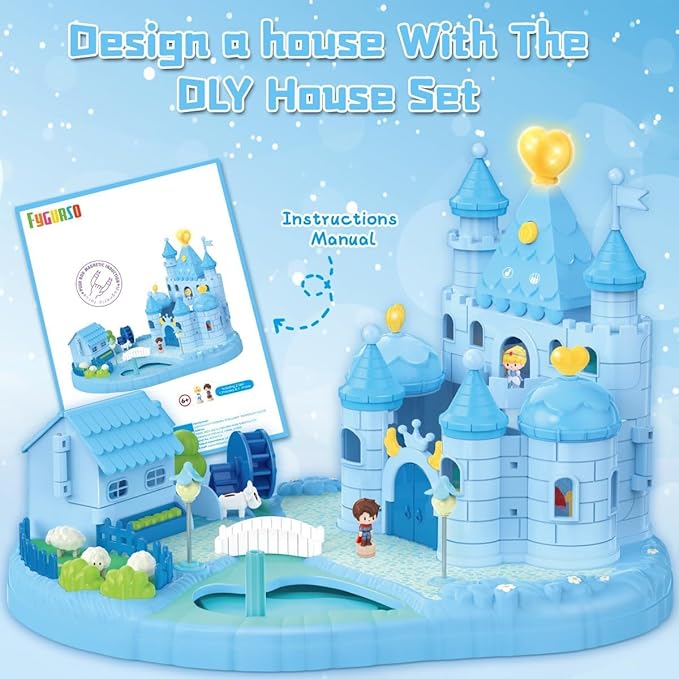 Dream Princess Play Set, 12.2*8.6*8.8 inches with 2 Magnetic Control Movable Toys, Magnetic Doll House Building Toys with Light Music, Toy Gift for Girls Kids Ages 6+(Blue)