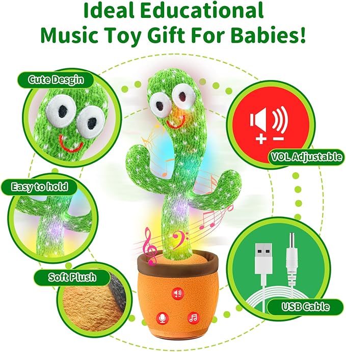 Rechargeable Dancing Talking Cactus Toy with Adjustable Volume, Interactive Cactus Baby Toys for Toddler, Boys Girls Gifts Singing Mimicking Recording Repeating What You Say with 120 English Songs