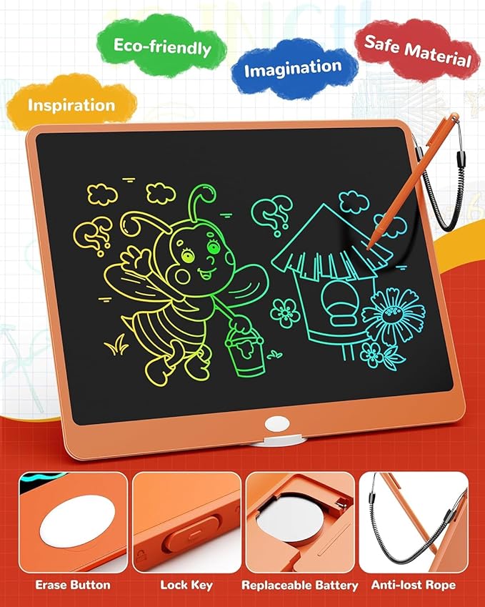 TEKFUN LCD Writing Tablet Doodle Board, 16inch Colorful Drawing Tablet Kids Travel Essentials, Kid Toys 6 7 8 Year Old Girls Boys (Orange)