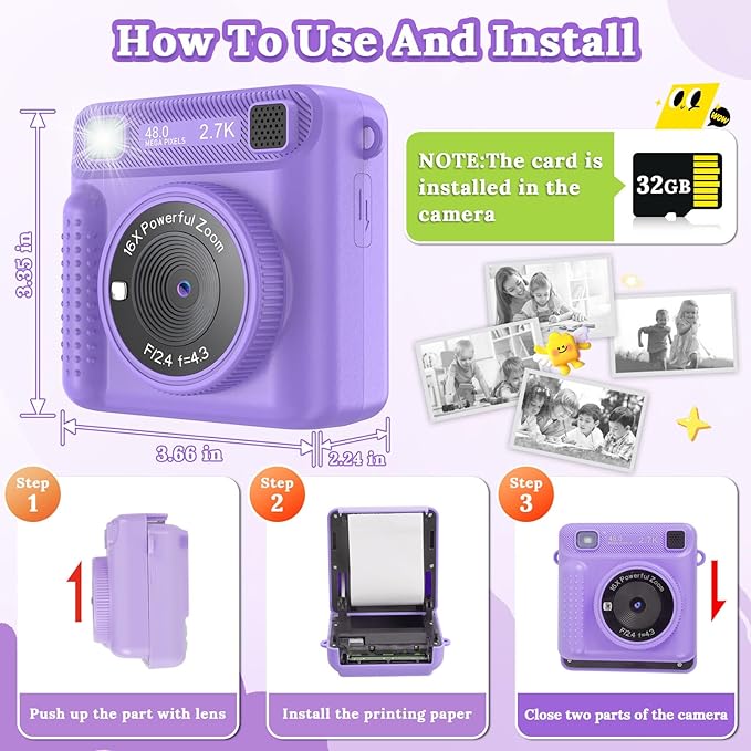 Kids Camera Instant Print, HD Digital Video Recorder with 32GB SD Card, Gifts for 3-12 Year Old Girls and Boys, Portable Toy for Toddlers and Kids(Purple)