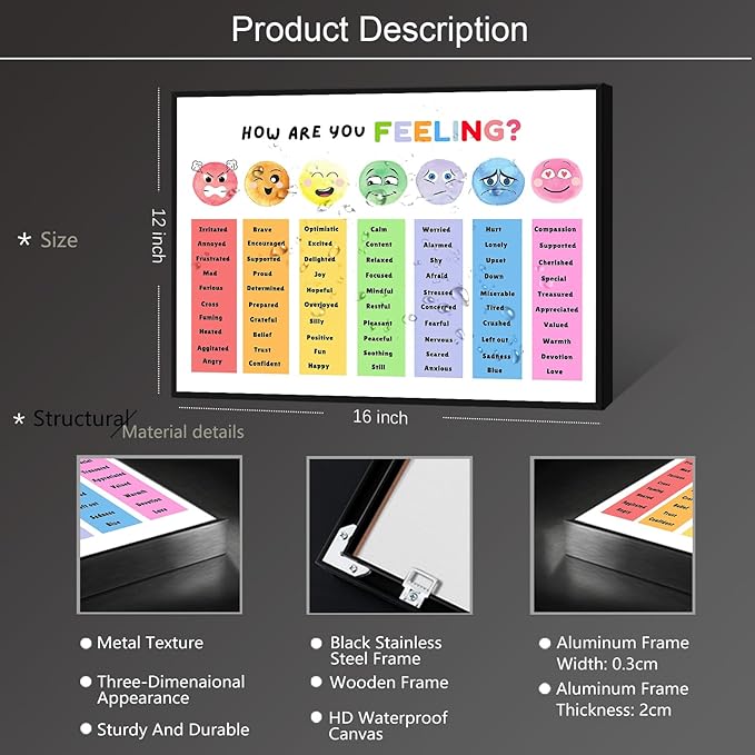 uoyien Feelings Chart For kids Mental Health Posters Help Students Understand Emotions Poster Calm Corner Special Education Classroom Decorations Preschool Classroom Supplies Metal Framed 12x16in