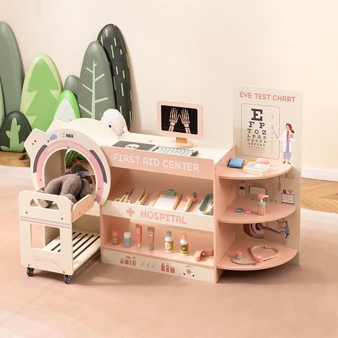 Costzon Kids Doctor Play Set, Wooden Pretend Doctor Kit w/ Eye Chart, Toy CT Machine, Realistic Medical Station & 20 Hospital Accessories, Toy Medical Center Playset for Boys Girls Aged 3+ (Pink)