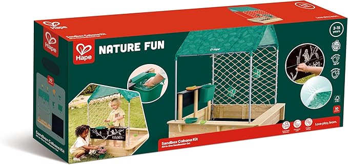 Hape All-in-one Sandbox Cabana Kit | Garden Sand Pit with Waterproof Sunshade, Activity Table, Water Play Station, Roleplay Kitchen and More | Outdoor Sandpit with Garden Toys