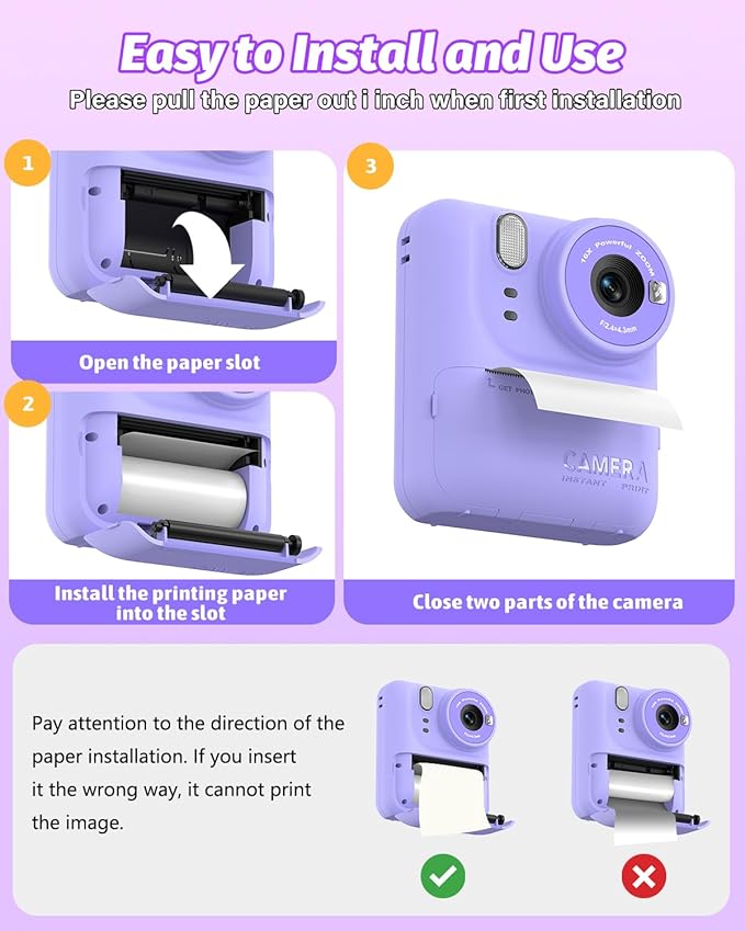 Kids Camera Instant Print Photo, Portable Thermal Printing Camera Toy with HD Digital Video, for 3-12 Years Old Boys Girls, Creativity & Learning (Purple)